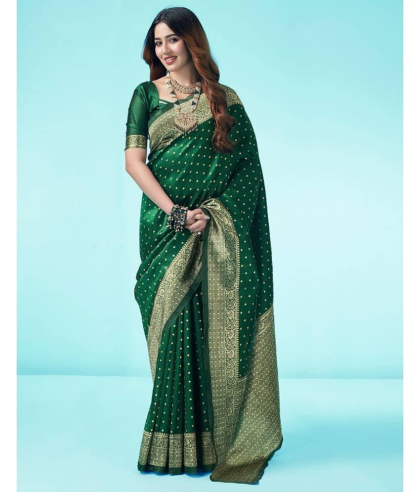 Samah Art Silk Self Design Saree With Unstitched Blouse Piece ( Green )