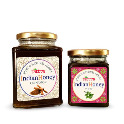 IndianHoney Metabolic & Warming Cinnamon Infused Honey & Ayurvedic & Stress-Relief Tulsi Infused Honey Combo Pack (500gm & 230gm) Cinnamon & Tulsi