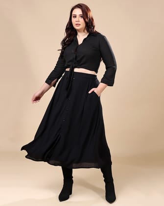 Black Solid Button Down Skirt-L / Black