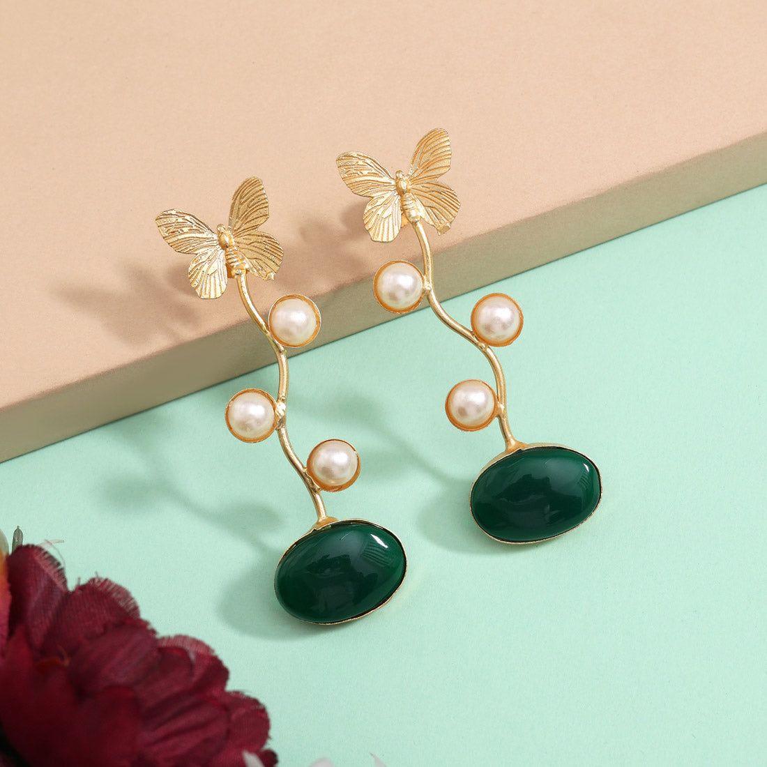 Leafy Green Color Amrapali Earrings-Earring Length: 7.00 CM x Width: 2.00 CM / Green / Brass With Good Quality Gold Plated