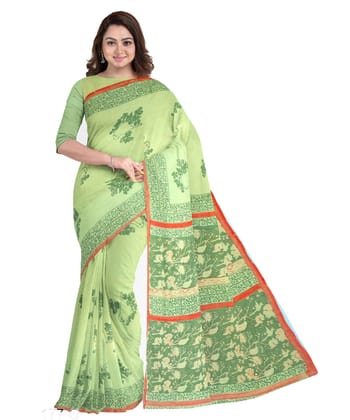Lime green red cotton silk hand printed chanderi saree