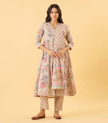 Greige Floral Printed Anarkali Set-L / Beige