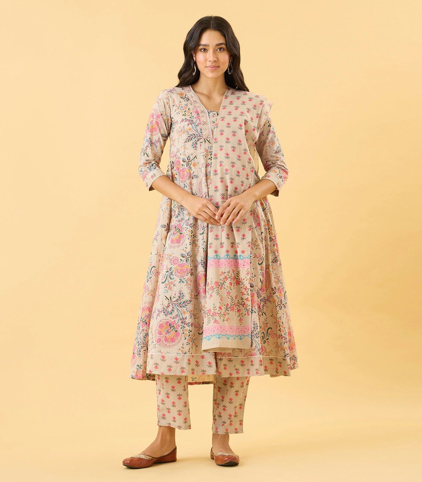 Greige Floral Printed Anarkali Set-L / Beige