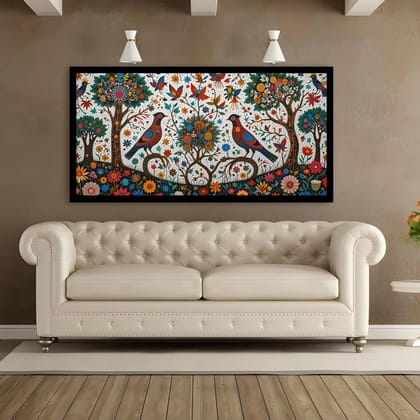 Luminary Traditional Indian Folk Art Nature Painting – for Décor | Frame Size (127 X 69 Cm) | Frame Type (Black) | 5-Year Warranty
