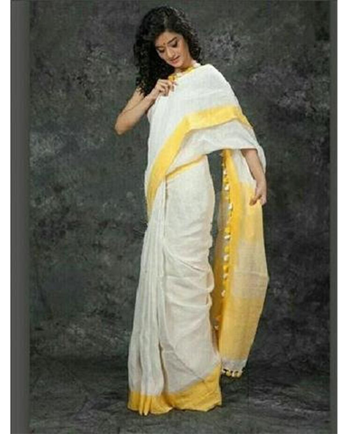 PURE LINEN WHITE WITH YELLOW COLOR SAREE