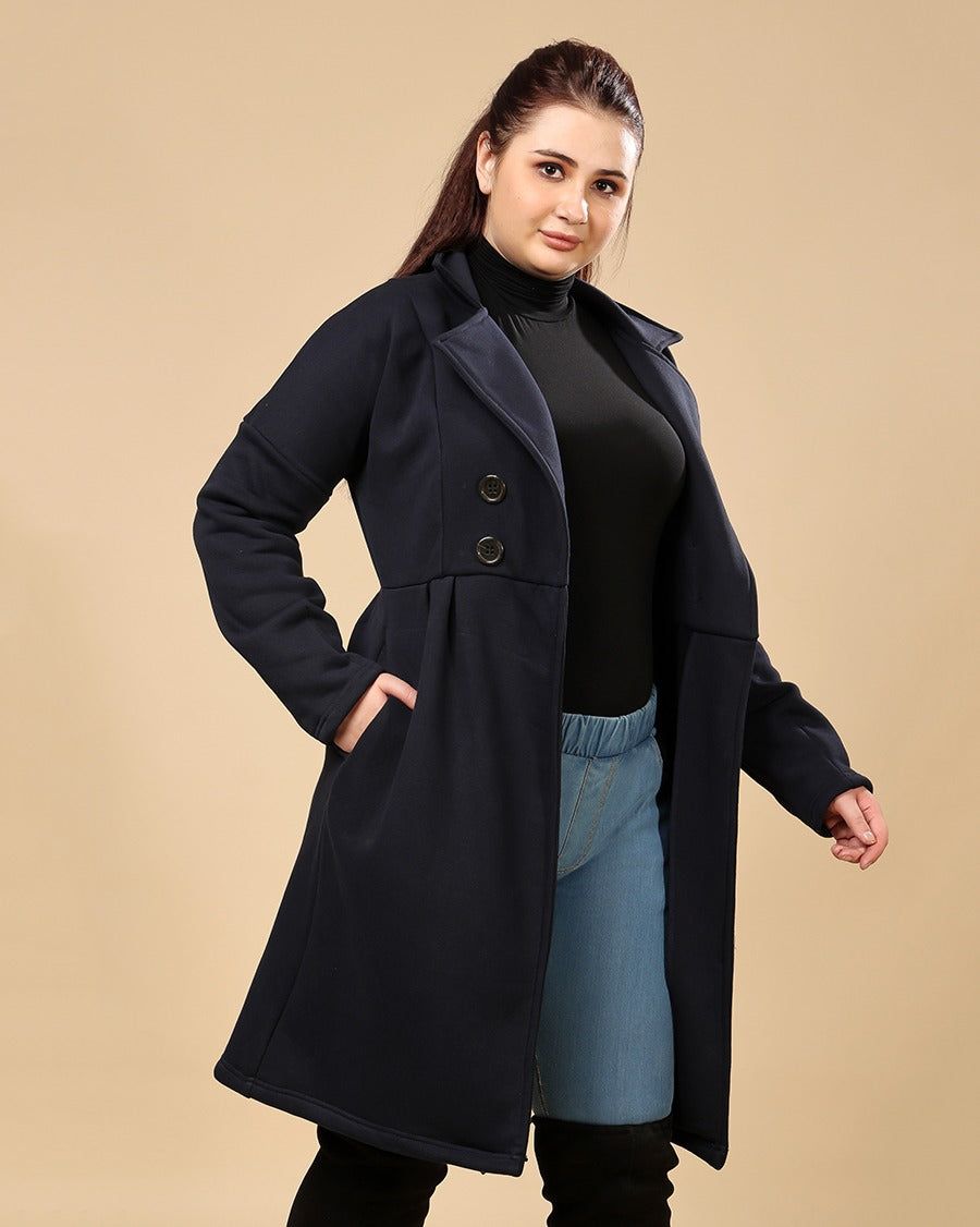 Navy Blue Solid Double Breasted Overcoat with Buttons-L / Navy Blue