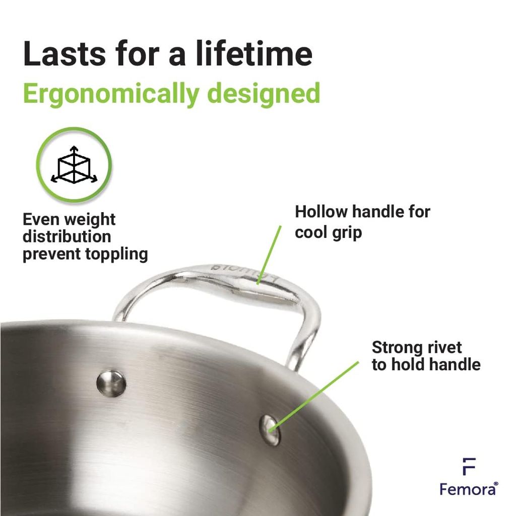 Femora Bottom Triply Stainless Steel 2 Pc Cookware Set, 24 cm Indian Kadai, 20 cm Frypan, Even and Fast Heating, Induction Bottom, Gas Ready, Silver