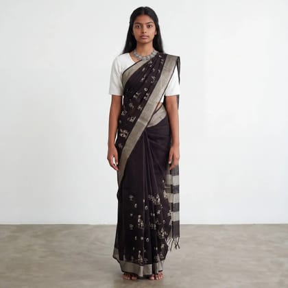 Saura Art Cotton Saree Charcoal Black Tribal Figures