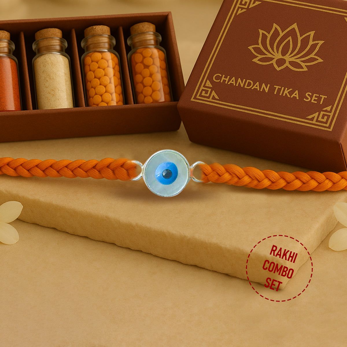 92.5 Silver Evil Eye Rakhi with Chandan Tilak Set
