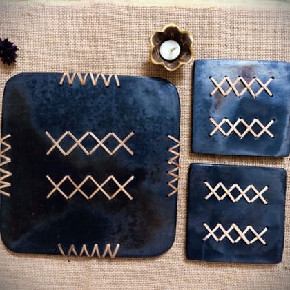 Longpi Black Pottery Trivet and Coaster Set