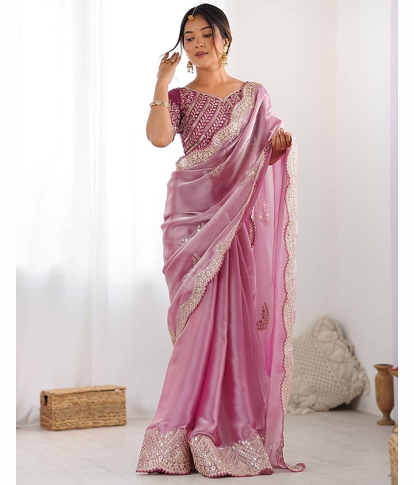 Samah Tissue Embroidered Regular Saree With Unstitched Blouse Piece ( Blue )