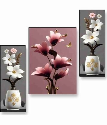 Livin'luxe Elegant Floral Vase Wall Art – 3 Panel Modern Flower Painting with Golden Accents & 3D Effect for Bedroom or Living Room Décor 12 Inch x 20 Inch