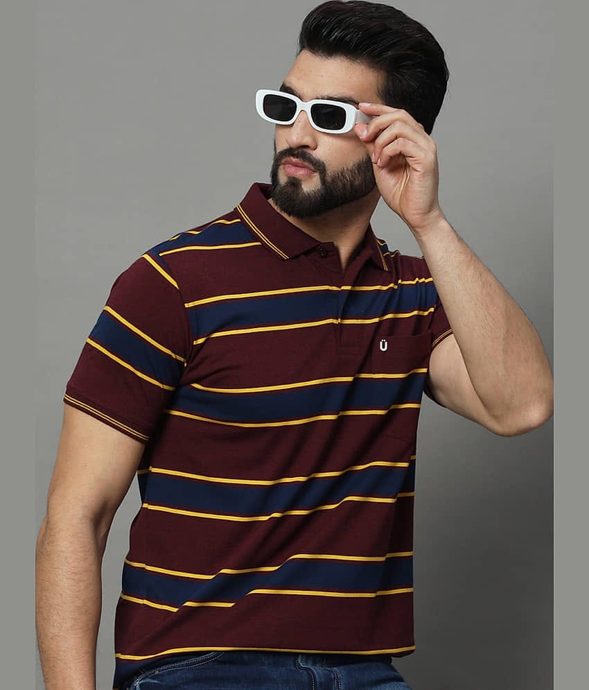 UNIBERRY Pack of 1 Cotton Blend Regular Fit Striped Half Sleeves Men's Polo T Shirt ( Maroon )
