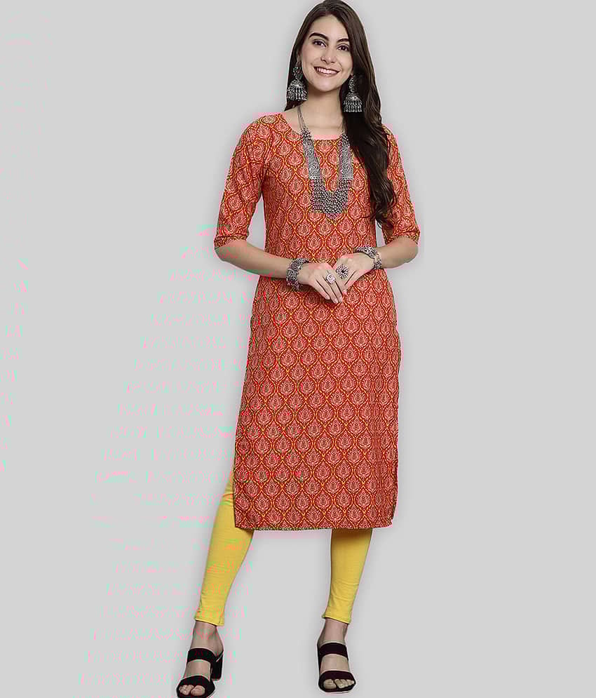 7Threads Crepe Printed Straight Women's Kurti - Orange ( Pack of 1 )