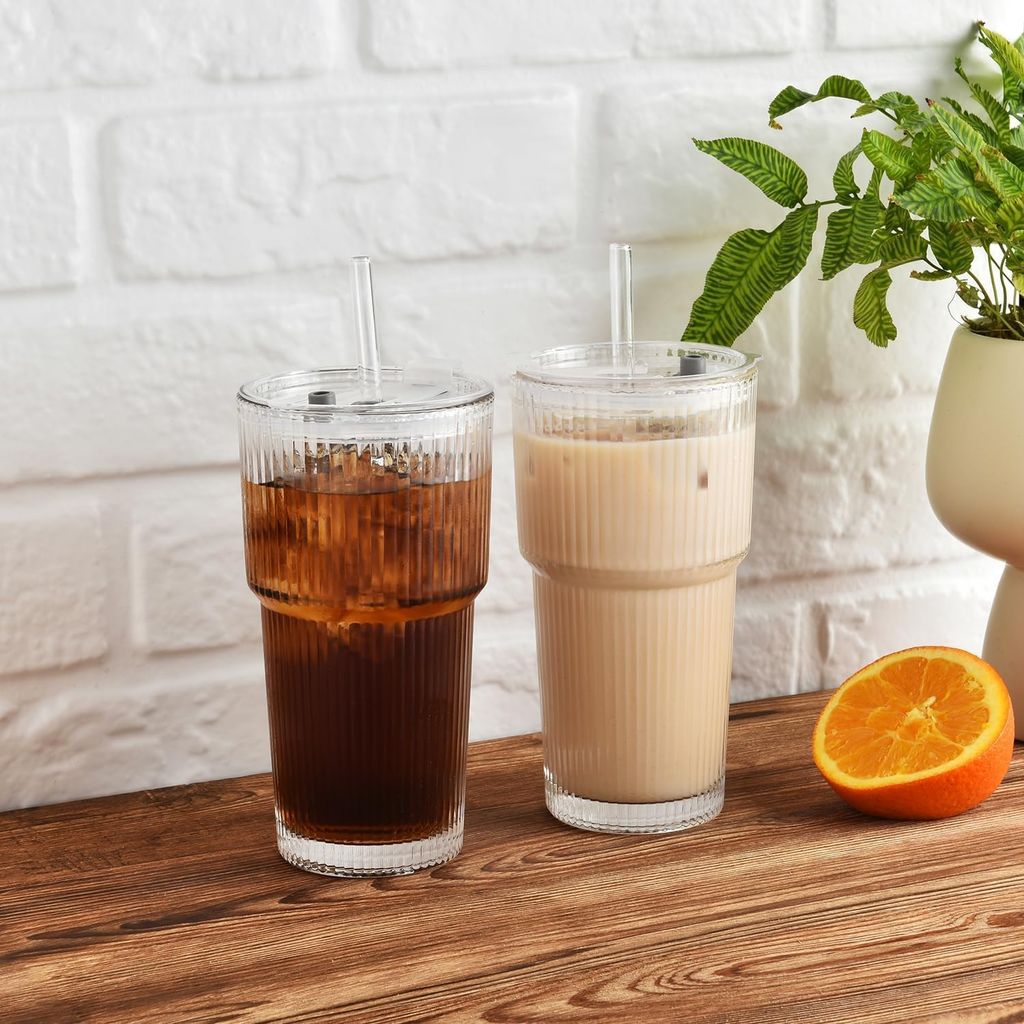 Elegant Ribbed Sipper Glass Long Mug 450 Ml Set of 1 with Reusable Glass Straw Stylish Vertical Lining Perfect for iced Coffee, Smoothies, Milkshakes, Juice, and Cold Beverages