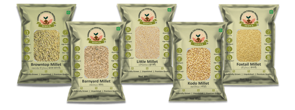 Sedya Five Millet Combo Whole Grains | Browntop, Barnyard, Little, Kodo & Foxtail Millet | Certified Low GI | Korale / Udalu / Samai / Varagu / Korralu | Gluten Free | Unpolished, Toasted, No Soaking Required | Total 2.5 Kg (500g Each Pack)