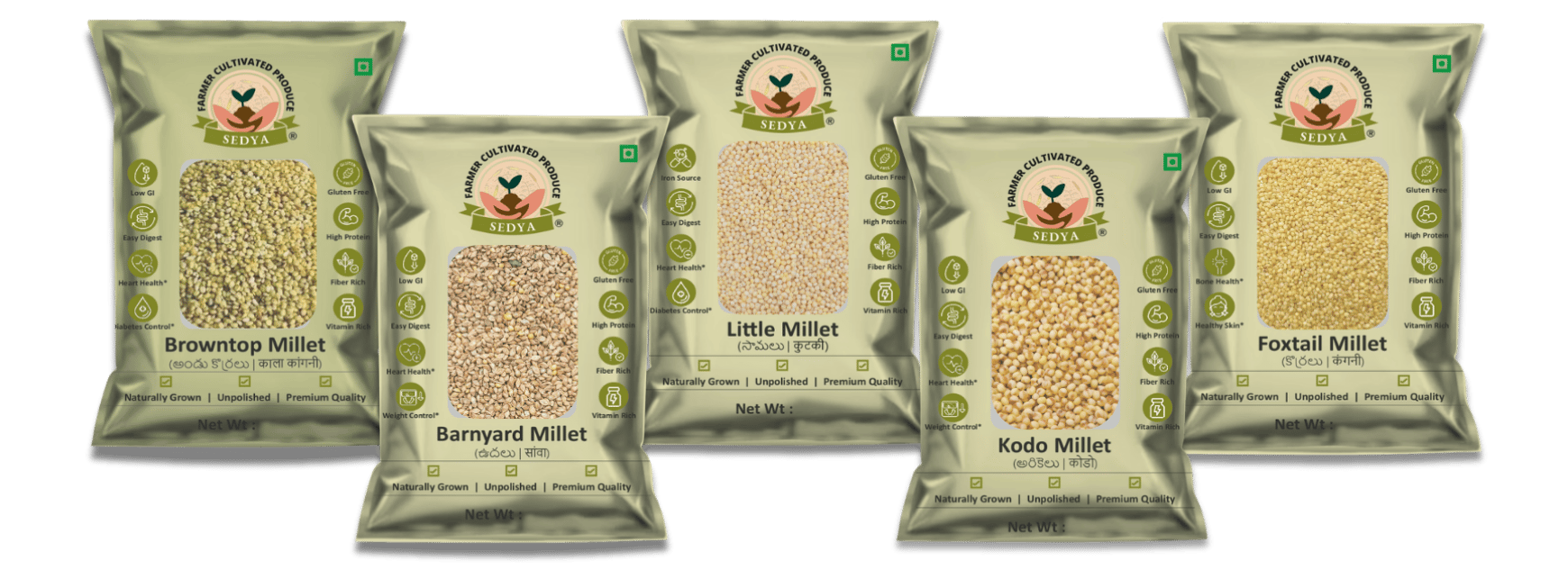 Sedya Five Millet Combo Whole Grains | Browntop, Barnyard, Little, Kodo & Foxtail Millet | Certified Low GI | Korale / Udalu / Samai / Varagu / Korralu | Gluten Free | Unpolished, Toasted, No Soaking Required | Total 2.5 Kg (500g Each Pack)