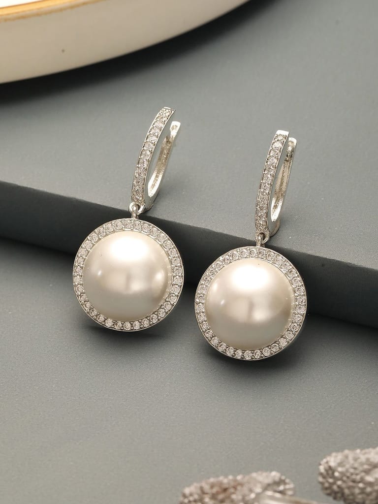 Silver Plated AD Studded Circular Pearl Drop Minimal Bali dangler Earrings - Earrings | Buy online on ZillyBuy