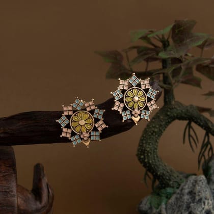 Gold Plated Floral Enamel Designed Artwork Antique Earring-