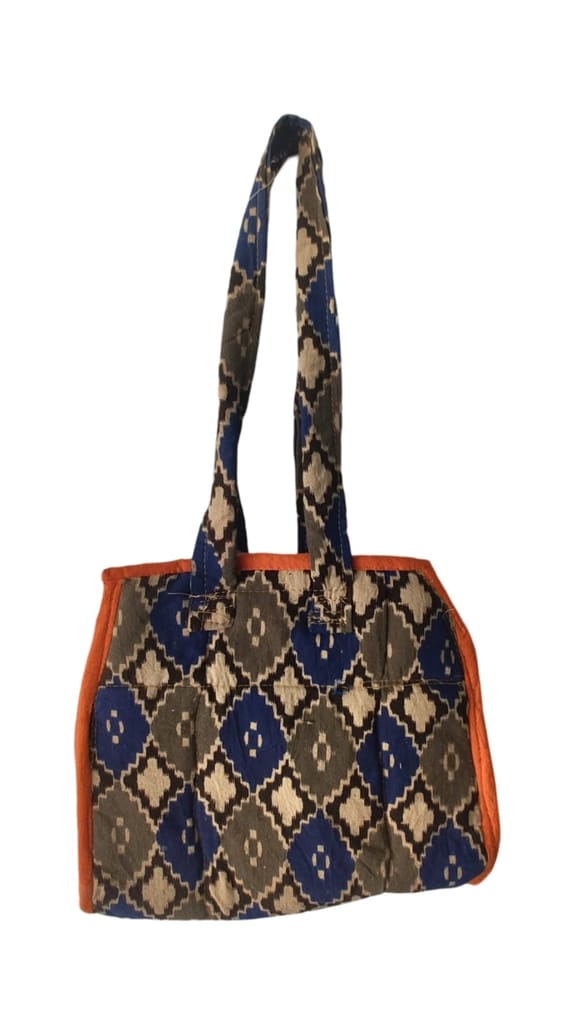 KALANKARI  Quilted cotton tote bag with blue and brown geometric print and orange lining