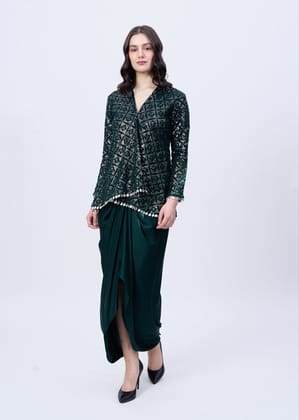 Assymetrical Jacket dhoti skirt Set (dark green)-Green / XS / XS