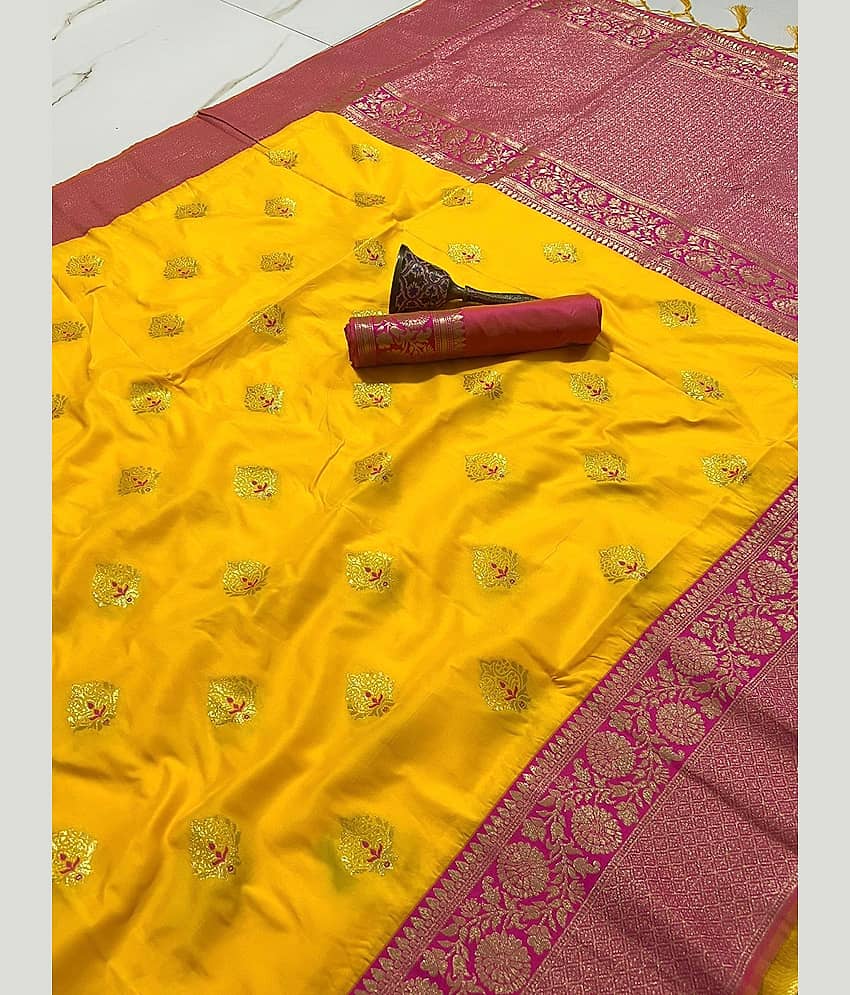 Rangtulika Ethnics Silk Woven Design Banarasi saree With Unstitched Blouse Piece ( Yellow )