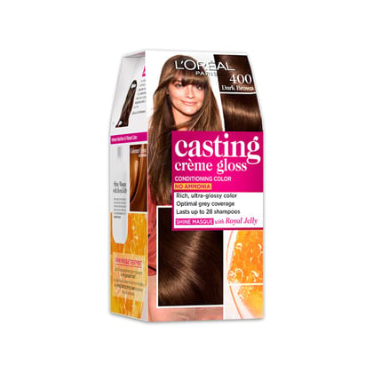 L'Oreal Paris Casting Crme Gloss Hair Color With Glycolic Gloss Complex | 5X Glossier Hair Color | Shade 400 - Dark Brown | 60g + 40ml + 60g, Pack of 1 L'Oreal Paris Casting Crme Gloss Hair Color With Glycolic Gloss Complex | 5X Glossier Hair Color | Sha