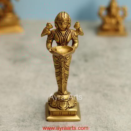 Brass Deep Lakshmi Diya Statue Lady Standing with Lamps Religious Showpiece for Pooja and Home Decor - 5.5 Inch Height