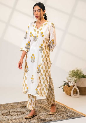Breezy White & Yellow Flow Kurta & Pant Set-L