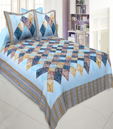 Traditional Blue Ethnic Tiles Print Cotton Bedsheet
