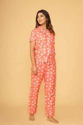 Daisy Flower Pattern Orange Half Sleeve Pyjama Set-S / Orange / Rayon Blend