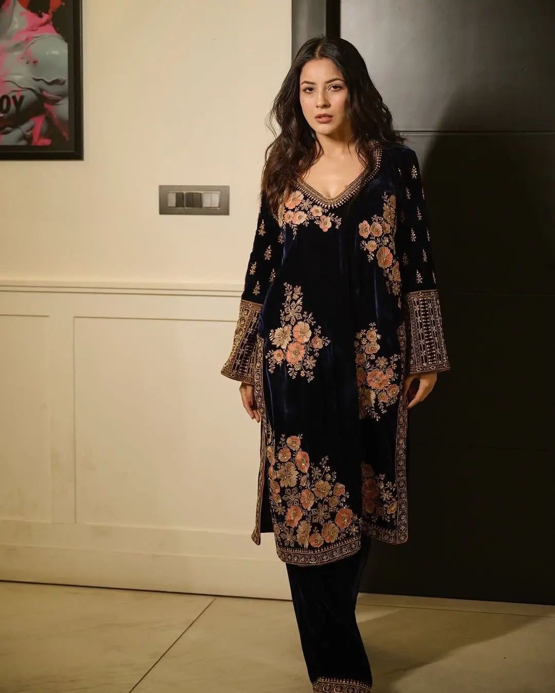 Viscose Thread Embroidery work Party wear Velvet suit-M(38)