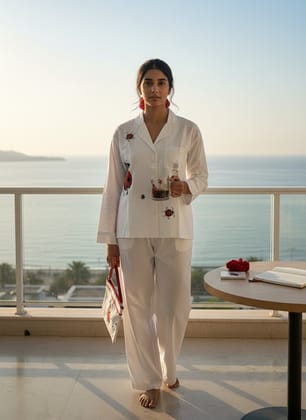 Ivvory Revere Collar Pyjama Set (Lady Bird Print, Size L) | 100% Cotton Night Suit | Hand Embroidered Sleepwear