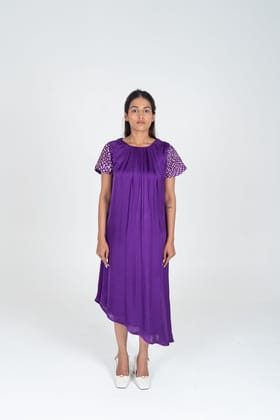 Purple-Pink Braided Sleeve Midi Dress-XS