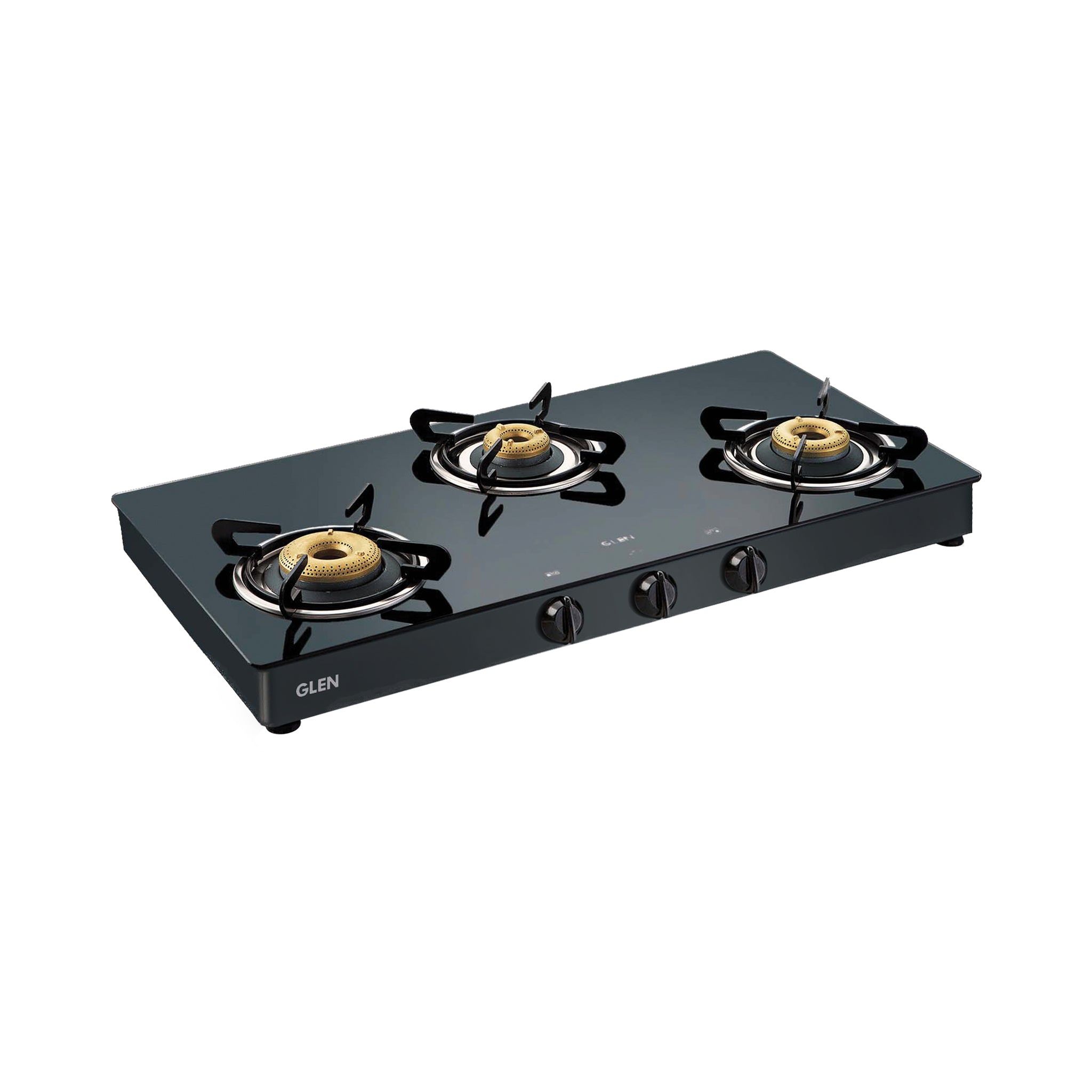 3 Burner Glass Gas Stove with High Flame Forged Brass Burner Double Drip Tray Black (CT1038GTFBDDBL) - Manual/Auto Ignition