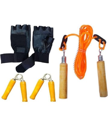 Home gym accessories combo with Adjustable wooden skipping rope+pair of wooden handgrippers and multiutility black gloves with wrist support