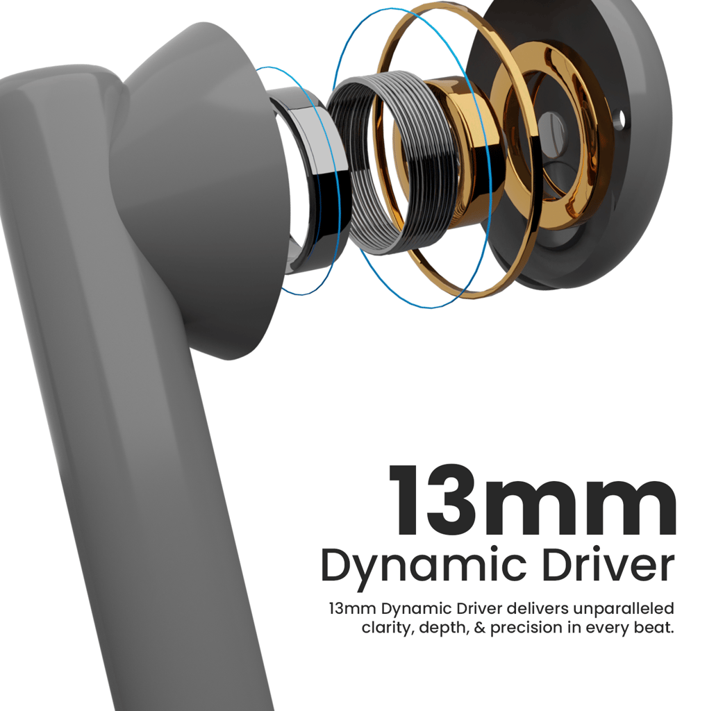 Cellecor BroPods CB11 TWS With 45 Hrs, ENC, 13mm Driver, BT v5.1, Voice Assistant, IPX4 Bluetooth-Grey