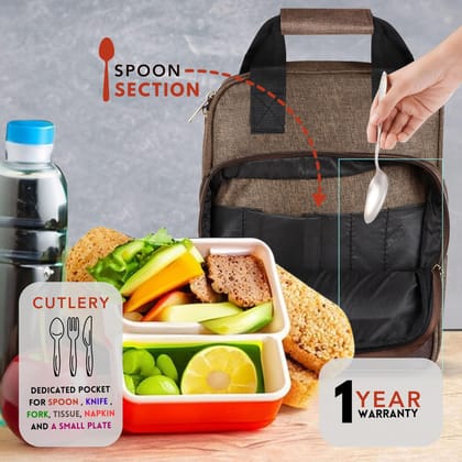 Insulated Lunch Bag | Large Space Fits 2 Lunch Boxes & 1Ltr Water Bottle, Front Cutlery Compartment (Khaki & Brown Color) TB15