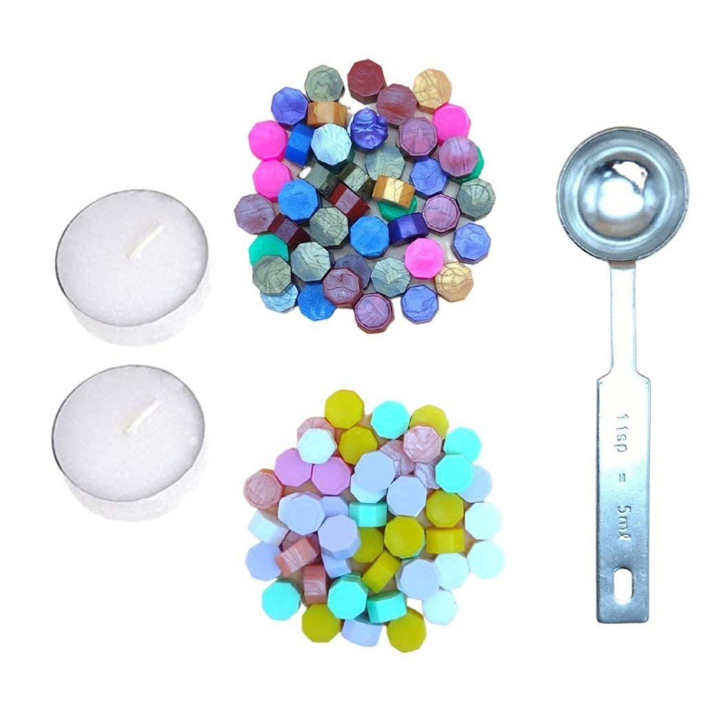 Wax Sealing Kit with 100 Wax Beads (MULTICOLOR), 1 Heating Spoon,  2 Candles