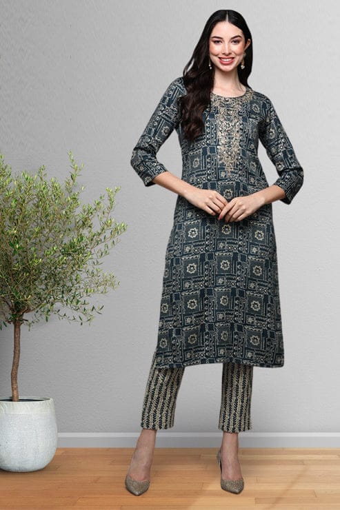 Blue Silk Blend Ethnic Motifs Straight Kurta VCK9089
