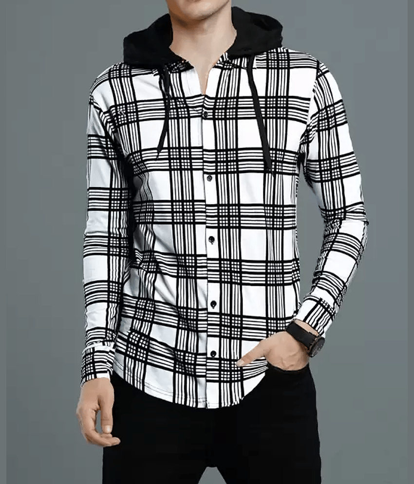 Try This Cotton Blend Regular Fit Checks Full Sleeves Men's Hooded T-Shirt - White ( Pack of 1 )