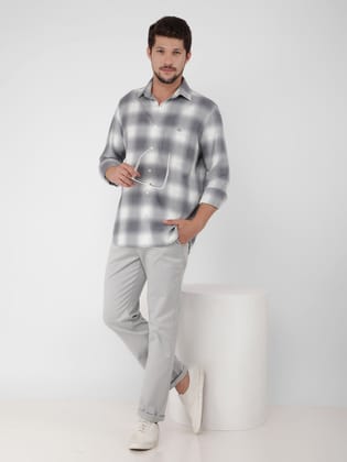 Grey 100% Cotton Checked Shirt-XL / Grey
