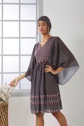 Black printed boho dress with tassel on yoke-S