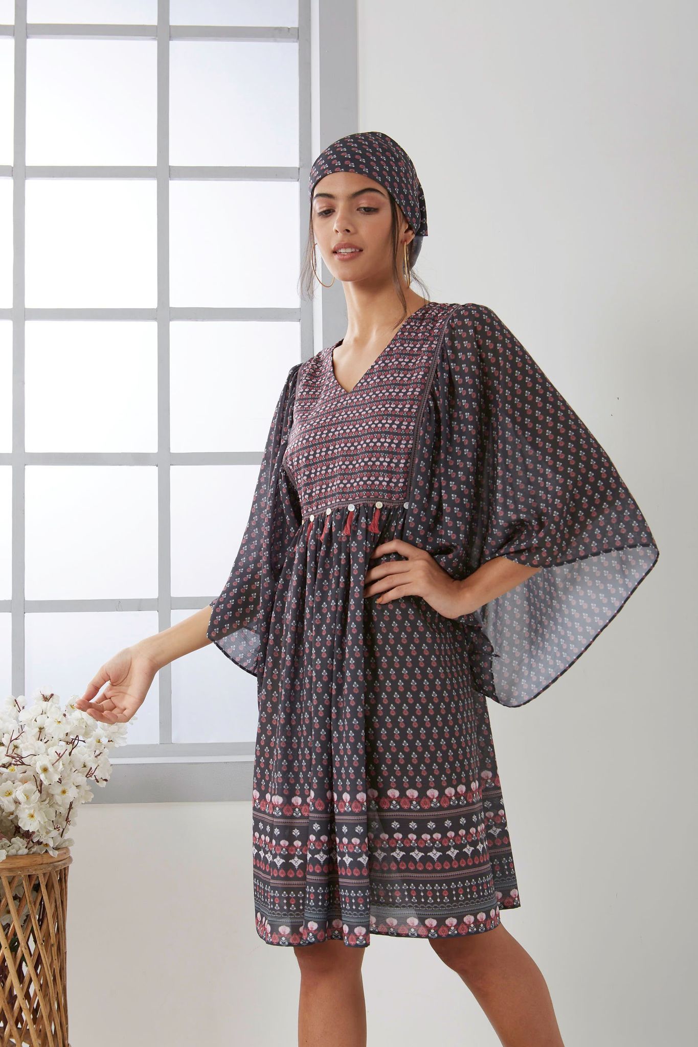 Black printed boho dress with tassel on yoke-S