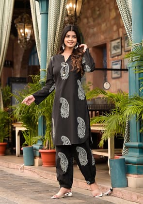 PAISLEY HANDBLOCK WITH CUFFED HEM PANT SET-XS / #2c2825