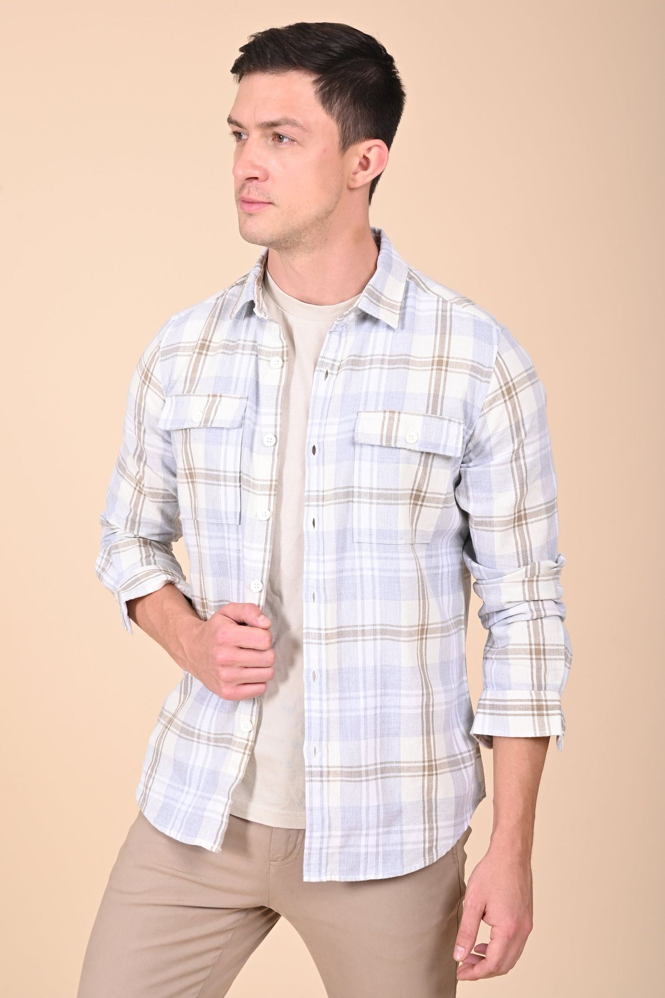 Insane - Cotton Check Shirt - Grey-S-38 / GREY