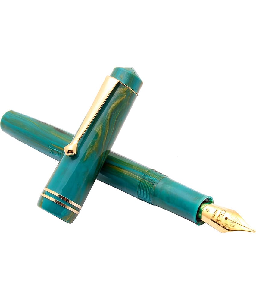 Srpc Click Aristocrat Teal Blue Marble Fountain Pen With 3in1 Ink Filling Mechanism, Golden Trims & Fine Nib