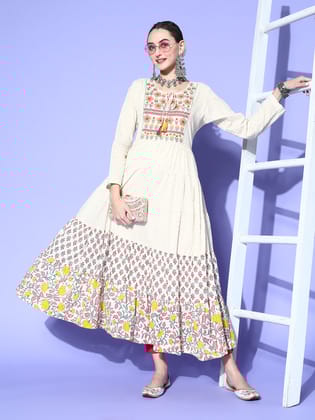 Rang Gali Handblock White Zardozi Work Kurta-M