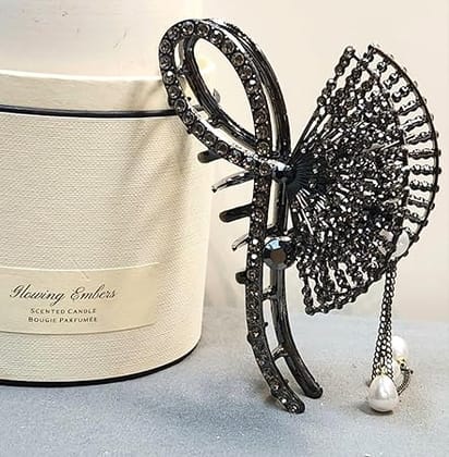 GLIMM Butterfly Basic Elegance Dangling Chains White Pearls equipment Metal Black Dark Silver Rhinestones Fan Shaped Hair Claw Ponytail Bun Tassel Clip Hairpin Headwear Accessories