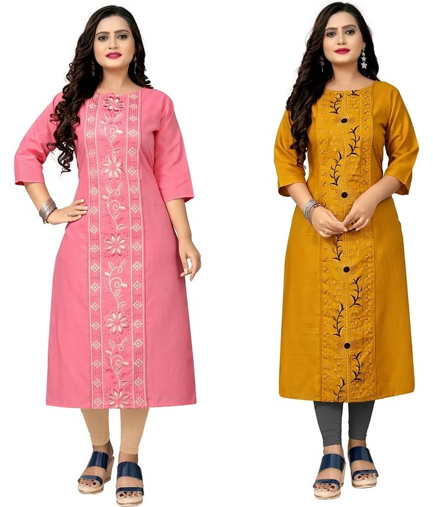 Hetsa Pack of 2 Cotton Blend Embroidered Straight Women's Kurti - ( Multicolor )